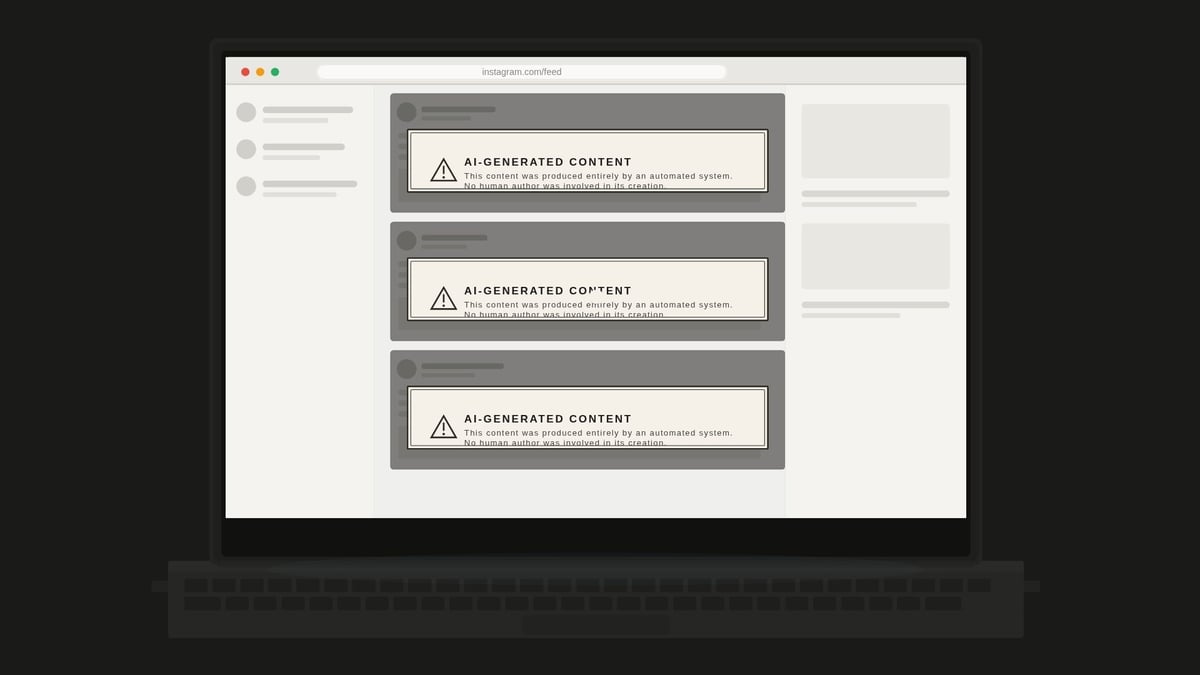 Computer screen on a dark background showing a social media feed full of ai-generated content warnings