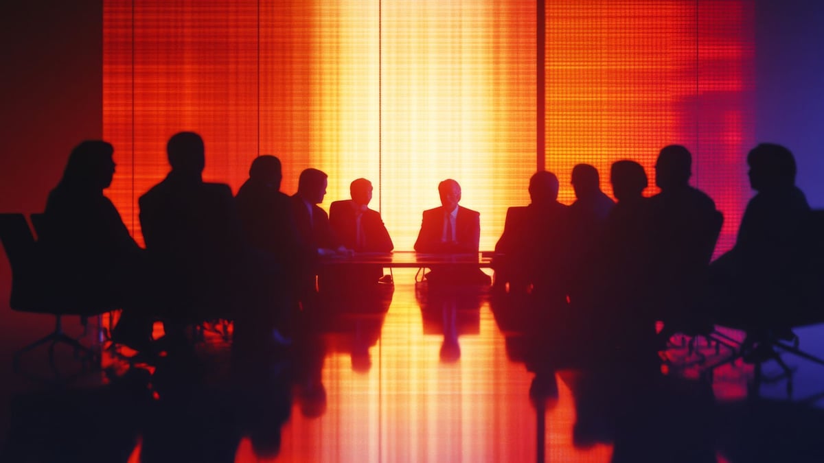 A backlit boardroom with several shadowed people in suits around a table